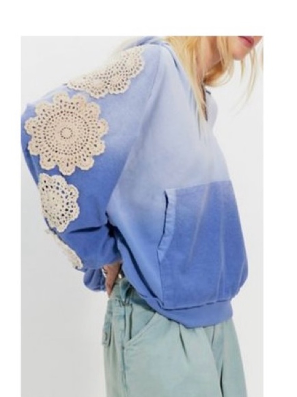 Boho Crochet Appliqué Dip-Dye Hoodie - Light Blue